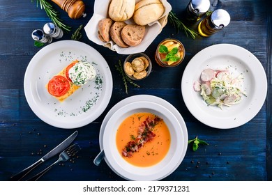 Large Lunch Set Of Three Courses Soup, Second Course And Salad, Top View Of A Three Course Set Menu Served On Wooden Table, Business Lunch Set Made Of Three Meals