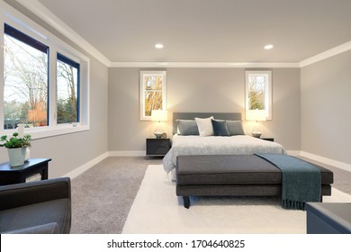 Large luxury modern bedroom interior with grey walls and white rug, large windows, blue textures.