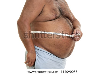 Large man belly with measuring tape isolated in white