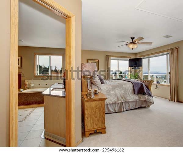 Large Master Bedroom Connected Bathroom Nice Stock Photo
