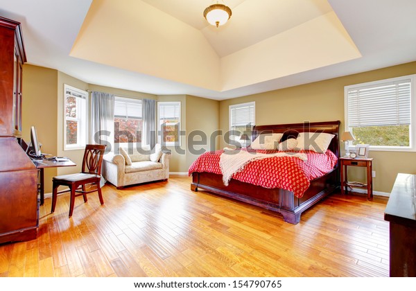 Large Master Bedroom Interiors Vaulted Ceiling Stock Photo