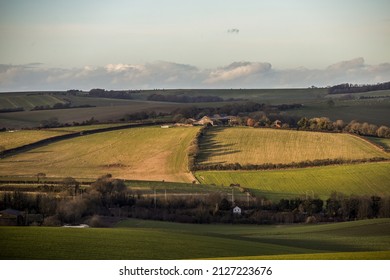 Large meadows and rolling hills and woods in South Downs National Park, Brighton, UK