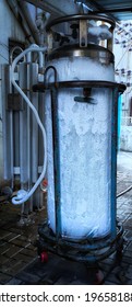 A Large Medical Liquid Oxygen Cylinder With Ice Crystals On It