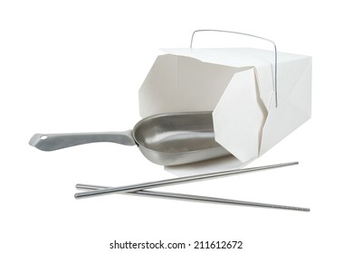 Large Metal Scoop In A Wax Paper Box That Is Folded Up To Hold Take Out Food Items