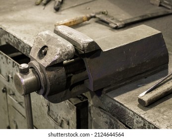 Large Metal Vice With Worn Jaws.