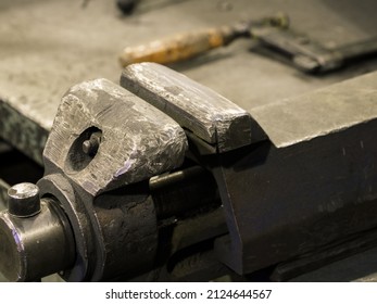 Large Metal Vice With Worn Jaws.