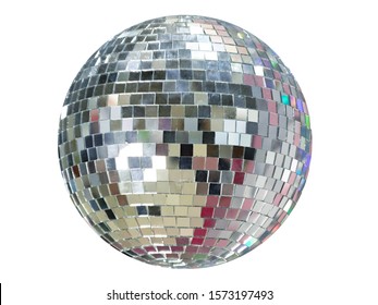 Large mirror ball with multi-colored reflections isolated on a white background.