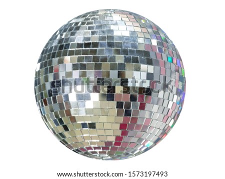 Large mirror ball with multi-colored reflections isolated on a white background.