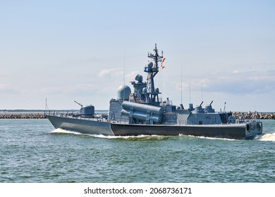 Large Missile Boat During Naval Exercises And Parade, Guided Missile Destroyer By Russian Navy Maneuvering In Baltic Sea. Modern Military Naval Warship Sailing In Bright Blue Sea