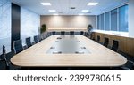 Large modern conference room with stylish wooden furniture. Meeting room with big wooden table. 