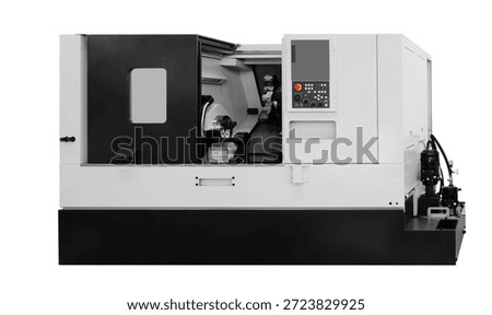 Large modern multifunctional programmable metalworking CNC machine with control panel and display isolated on white background