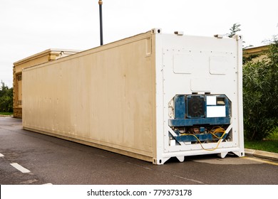 Large Modern Refrigerated Truck Trailer Freight, Place Advert On White. White Refrigerator Truck Trailer Container For Transport Of Cold Chilled Food.