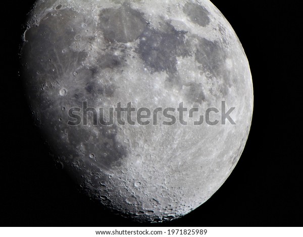 Large moon surface with craters,\
closeup night sky through telescope, lunar space\
background