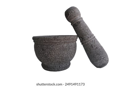 A large mortar and pestle sits on a white background. The mortar is made of stone handle. Concept of tradition and craftsmanship - Powered by Shutterstock