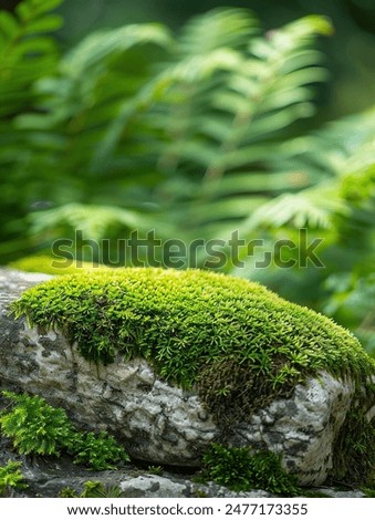 large moss covered stone close up - stand podium for cosmetics and product display on natural green background