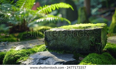large moss covered stone close up - stand podium for cosmetics and product display on natural green background