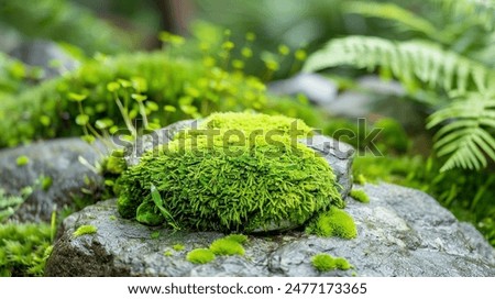large moss covered stone close up - stand podium for cosmetics and product display on natural green background