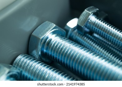 Large Mounting Bolts. New Fasteners In The Tool Box. Metal Bolt Close-up. Selective Focus