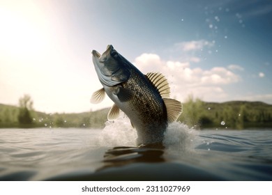 Large mouth bass jumping out of the water - Shutterstock ID 2311027969