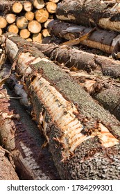a large number of harvested softwood wood, stacked together in heaps, industrial site in forest - Shutterstock ID 1784299301