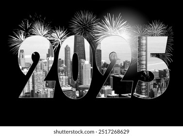 Large numbers spelling out "2025" stand prominently, each digit filled with a Chicago cityscape background - Powered by Shutterstock