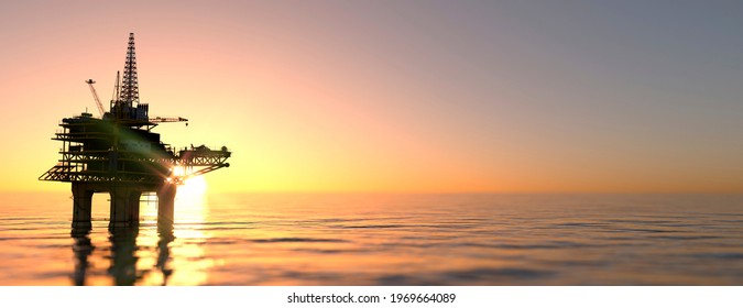 Large Off Shore Oil Rig Platform In The Ocean At Sunset 3d Render