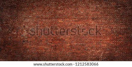 Large Old Red Brick Wall Background. Vintage Brickwall Texture. Panoramic Web banner or Wallpaper With Copy Space.