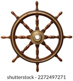 Large Old ship wooden steering wheel rudder isolated on white background