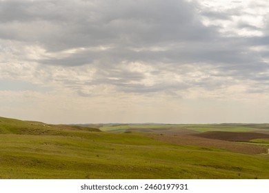 A large, open field with a cloudy sky in the background. The sky is mostly gray, with some white clouds scattered throughout. The field is lush and green, with no visible signs of human activity