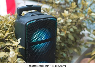 A Large Outdoor Portable Bluetooth Speaker Placed At A Garden. For An Event Or Picnic Party.