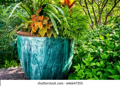 Large Outdoor Potted Plant. Beautiful Pot Glazed In Shades Of Blue And Teal With Assorted Foliage Plants.