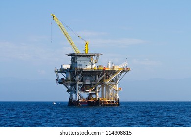 Large Pacific Ocean Offshore Oil Rig Drilling Platform Off The Southern Coast Of California, Between Ventura And The Channel Islands
