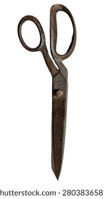 A large pair of tailor scissors rests on a plain white background. The scissors are rusty and show clear signs of past use. Each detail of the tool hints at its long history in sewing and crafting.