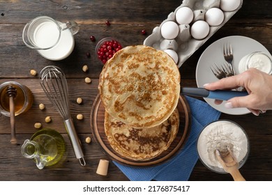 Large pancakes recipe, homemade rustic style, top view