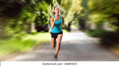 Large Panorama Image Of Athlete Runner Training Outdoors. Motion Blur Speed Action Image Showing Determination And Athletic Ability