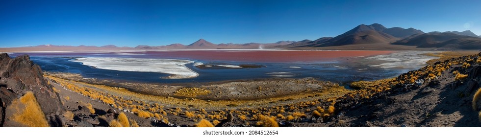 Large Panorama Of Laguna Colorada, Pink Lake In Bolivia