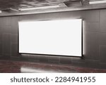 Large panoramic billboard on underground subway Mockup. Hoarding advertising hanging on train station wall interior 3D rendering