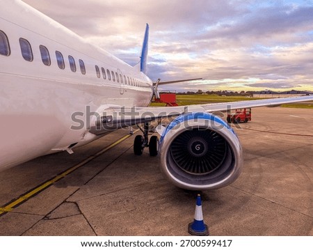 A large passenger plane which is being loaded or offloaded. People going on holiday or business trips across the world.