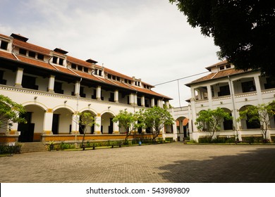 A large pavement field in the middle of Lawang Sewu building photo taken in Semarang Indonesia