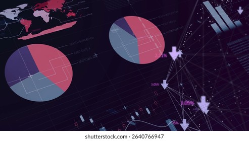 Large pie chart showing purple red blue segments on dark dashboard with arrows, copy space. Data visualization, financial analytics, digital interface, corporate technology, an​​alytics dashboard,