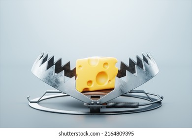 Un gran trozo de queso en una trampa de oso, cerca. El concepto de trampa, engaño, crédito, queso gratis en ratonera. Representación 3D, ilustración 3D