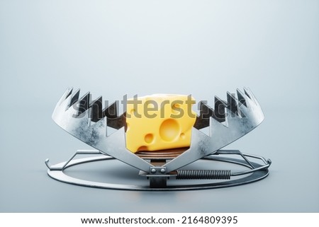 A large piece of cheese in a bear trap, close-up. The concept of a trap, cheating, credit, free cheese in a mousetrap. 3D render, 3D illustration