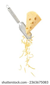 A large piece of cheese is grated and falls down in small pieces isolated on a white background