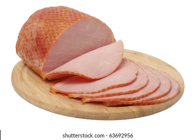 Large Piece Of Ham With Cut Slices On Wooden Platter, Isolated On White Background