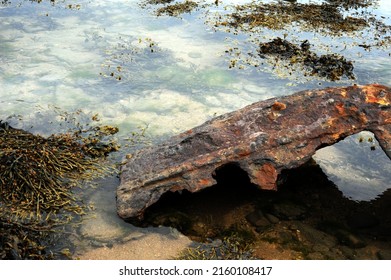 Large Piece Of Submarine Ship Wreck Washed Up Into Rock Pools By Storms