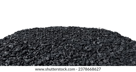 Large pile of black coal from a mine, isolated on a white background. Solid fuel. Energy industry.