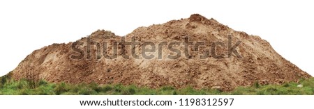 A large pile of construction sand  on forest grassy site. Isolated on white  panoramic collage from several outdoor shots