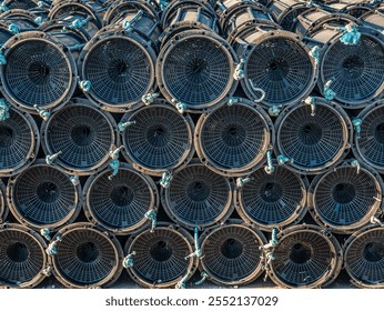 A large pile of fishing nets and traps is stacked by the riverside, with lush greenery and a clear blue sky in the background, depicting a serene and industrious scene. - Powered by Shutterstock