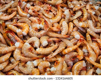 A Large Pile Of Gulf Shrimp At Fresh Seafood Market.