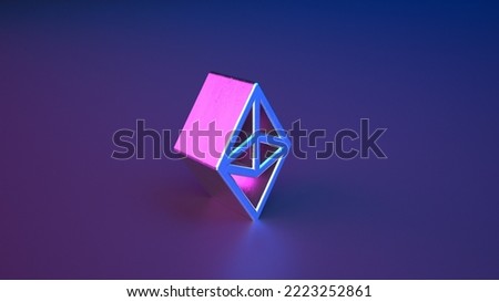 Large Pink-blue three-dimensional glitter Ethereum sign with metal coating on dark background